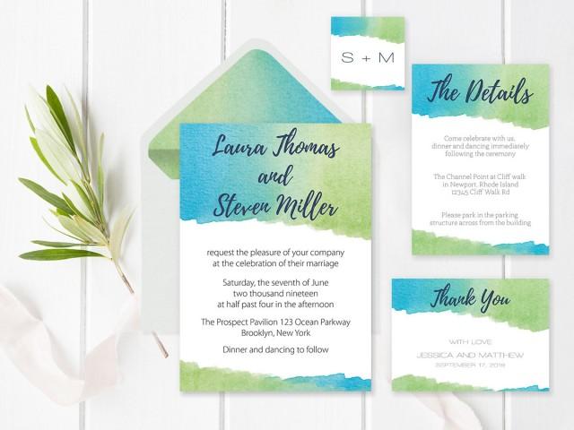 wedding photo - Watercolor Wedding Invitation Suite Templates, Envelope Liners, Printable Wedding Invitation, Details, Tags, Thank You, RSVP, DIY You Print - $18.00 EUR
