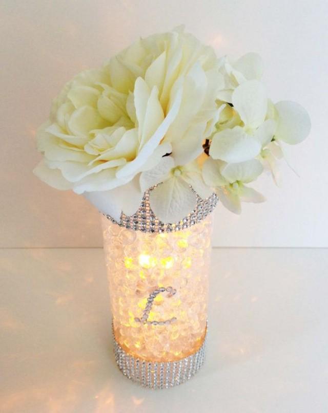 Glowing INITIAL NUMBER Wedding Centerpiece - Bouquet Holder - Candle - Table Number - Diamond Rhinestone Silver Centerpiece Decoration