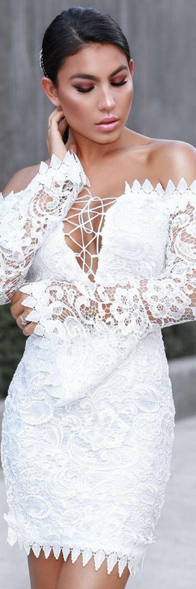 wedding photo - Lace Crochet Off Shoulder Mini Dress - Outfit Idea By Christina Amato
