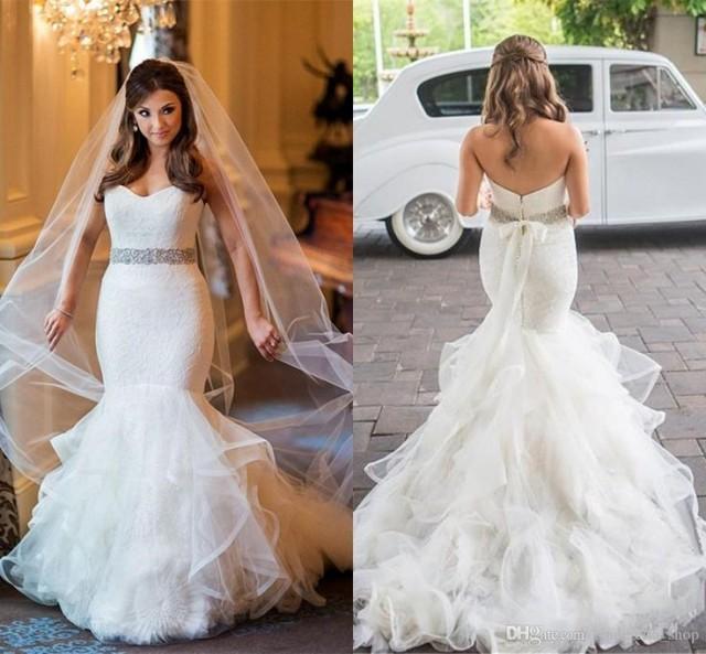 wedding photo - Gorgeous Mermaid Lace Wedding Dresses 2016 Sweetheart Sash Trumpet Ruffles Sweep Train Plus Size Bridal Gowns Vestidos De Noiva Custom Made