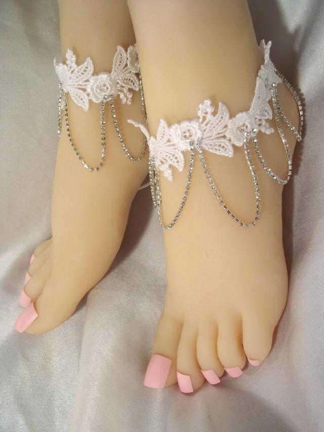 Rhinestone & Lace Anklet, Lace Foot Jewelry, Rhinestone Barefoot Sandals, Bride Anklets, Formal Anket, Evening Jewelry, Designs By Loure - $22.95 USD
