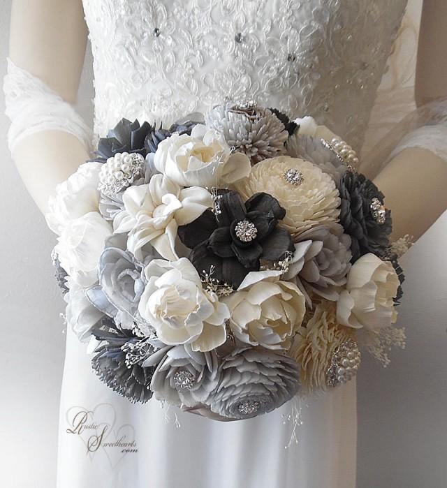 wedding photo - Free Shipping ~ Ready to Ship ~ Light Grey & Charcoal Grey Sola Flower Wedding Bouquet, Peony Sola Bouquet with Rhinestones