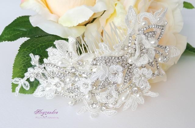 wedding photo - Pearls, Clear Crystals and Lace Bridal Comb, Lace Bridal Comb ,Bridal Jewelry, Bridal Lace Comb, Bridal Pearls Comb, Wedding Crystals Comb - $68.99 USD