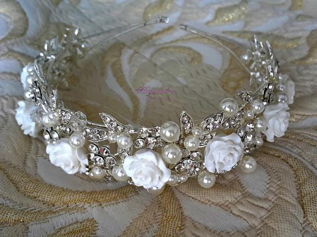 wedding photo - Pearls and Crystals Bridal Wreath, Bridal Tiara, Wedding Headband, Bridal Hairpiece, Boho Headband, Bridal Hair Halo, Rose Bridal Wreath - $118.99 USD