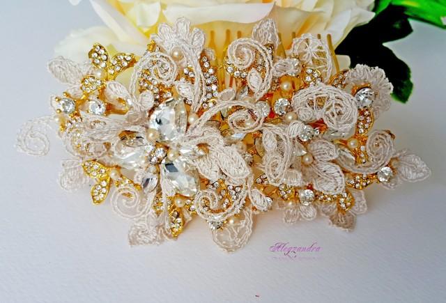 wedding photo - Lace Pearls and Crystals Bridal Comb, Couture Bridal Headpiece, Ivoryand Gold Bridal Headpiece,Champagne Bridal Hairpiece - $79.99 USD