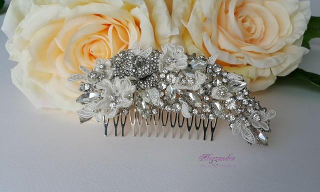 wedding photo - Crystals and Lace Bridal Comb,Lace Headpiece,Bridal Jewelry,Bridal Comb,Lace headpiece,Flower Hair Comb,Bridal Hair Vine,Wedding Head Piece - $54.99 USD