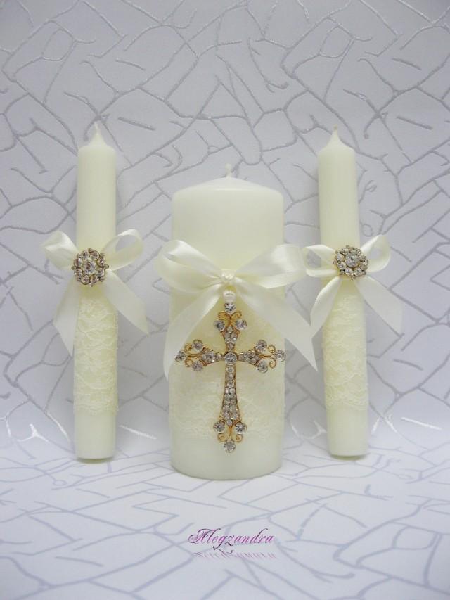 wedding photo - Unity Candle Set, Gold Cross and Crystals Candle Set, Church Wedding Unity Candles for Wedding, Lace Unity Candle Set - $19.99 USD
