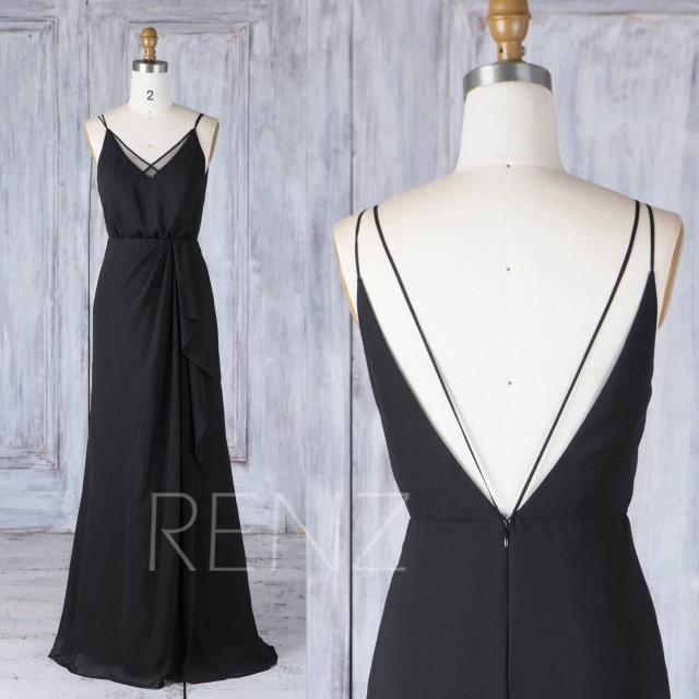 Bridesmaid Dress Black V Neck Spaghetti Strap Chiffon Wedding Dress,V Back Maxi Dress,Asymmetric Ruffled Skirt Ball Gown Full Length(L336)
