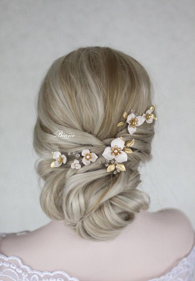 wedding photo - Bridal Hair Pins, Set of 5 Wedding Hair Pin, Wedding Flower Hair Pins, Bridal Hair Accessory, Wedding Hairpiece, Gold Leaf Hair Pin, Wedding