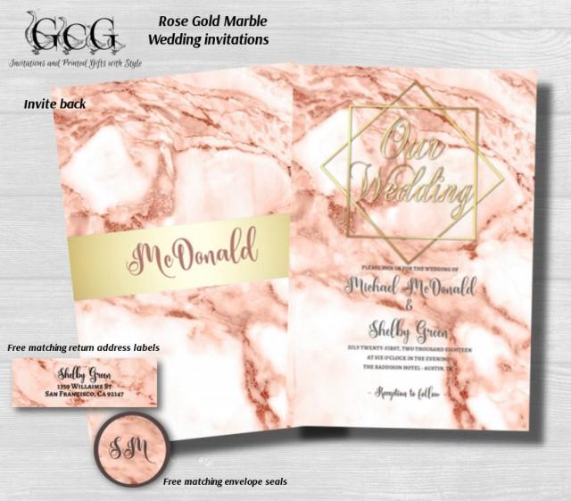 wedding photo - Rose Gold Marble Wedding Invitations, Marble Invitation, Rose gold Invitations, Modern wedding, 200 printed with envelopes, elegant - $226.91 USD