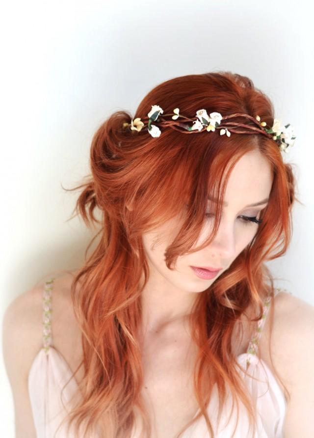 wedding photo - Ivory floral crown, hair wreath, flower head piece, bridal crown, medieval headpiece, wedding circlet, hair accessories - Sherwood