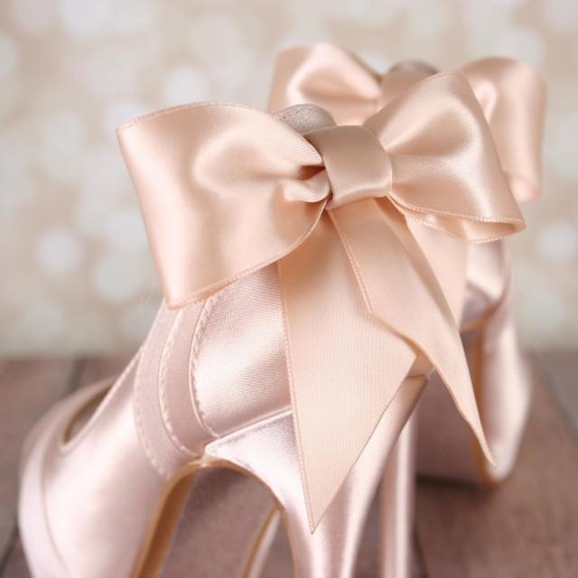 wedding photo - Wedding Shoes, Blush Wedding Shoes, Peep Toe Shoes, Blush Bridal Accessories, Bow Wedding Shoes, Satin Shoes, Custom Wedding Shoes