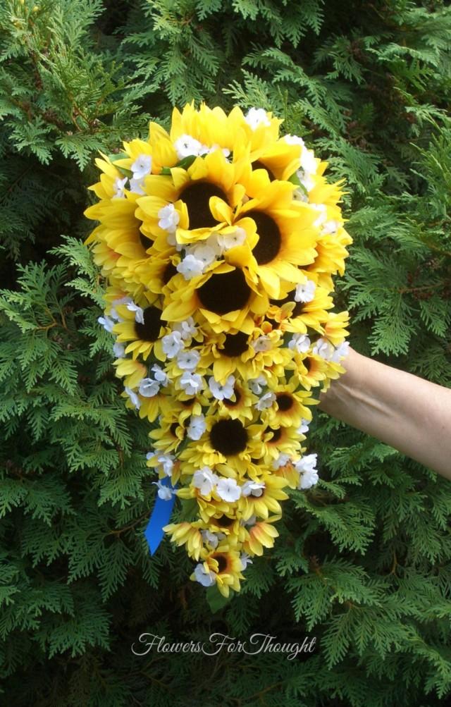 wedding photo - Cascading or Waterfall Sunflower Bouquet, Yellow and Blue Wedding Flowers, Rustic Woodland Bridal Arrangement