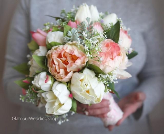 wedding photo - Wedding Flowers Bridal Bouquet Wedding Bouquets Peonies Roses Artificial Bouquet with Boutonniere Blush Pink Brooch Bouquet - $159.99 USD