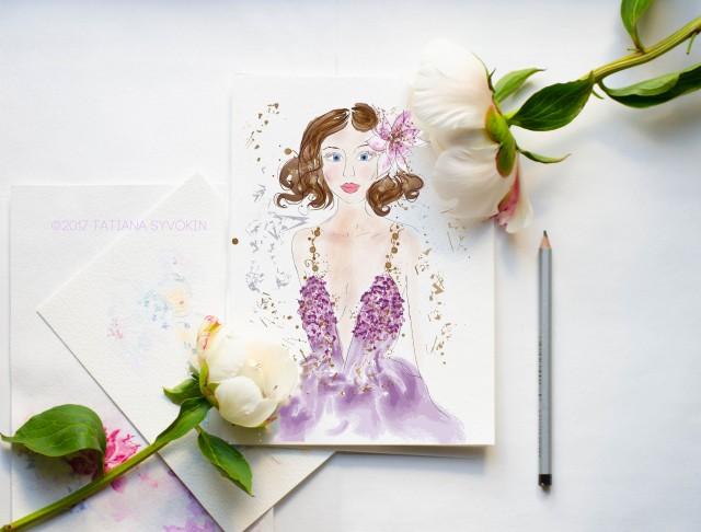 wedding photo - Card For her Watercolor fashion illustration Greeting card Girly Girl card Flower dress Purple dress Watercolor painting Glitter card Sketch - $5.60 USD