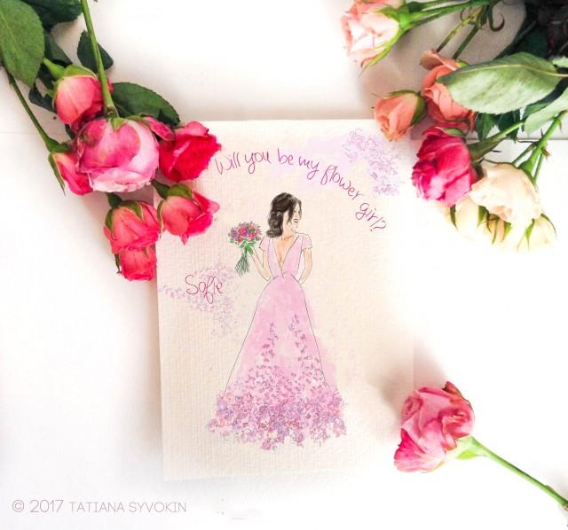 wedding photo - Will you be my flower girl card Painted Card Pink floral card Purple flower Personalized wedding card Flower Watercolor Wedding card bride - $4.60 USD