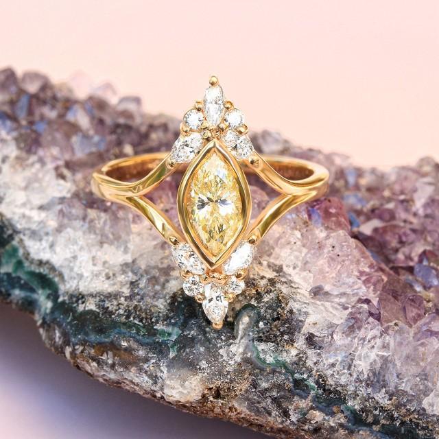 wedding photo - Unique Engagement Marquise Diamond Ring - Vintage, Art Deco , Cluster Diamond Ring, 14K Yellow Gold, Ring Size 7 - $2365.00 USD