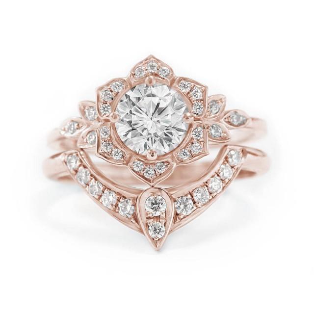 Uniuqe Engagement Rings Set - Lily Flower Moissanite Engagement Ring; 3rd Eye Unique Wedding Diamond Side Ring; Forever One / Two Moissanite - $1400.00 USD