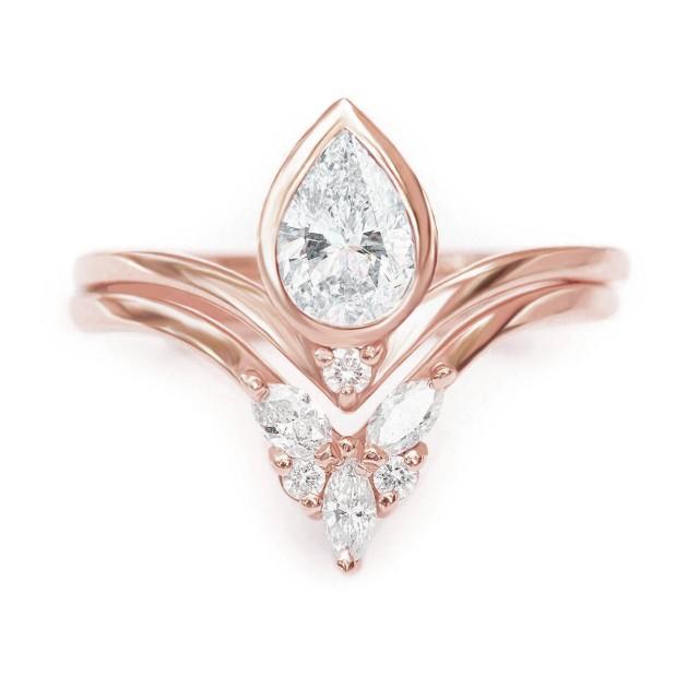 wedding photo - Pear diamond Bindi engagement ring with Cupid Butterfly side ring, diamond wedding rings set, bridal set - $2570.00 USD