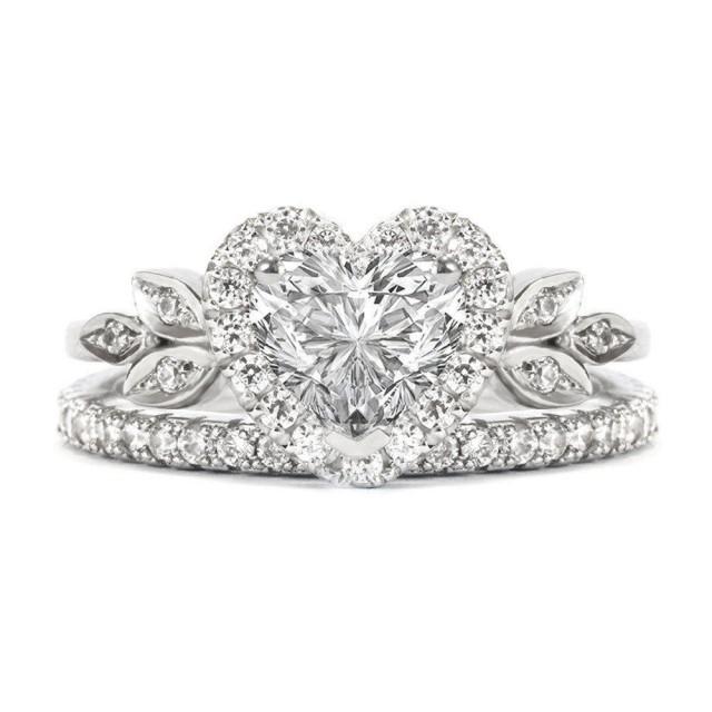 wedding photo - Love Blossom Heart Shaped Diamond Ring with Matching 2mm Eternity Diamond Band , Bridal Engagement Diamond Wedding Ring set - 1.5 carat - $3490.00 USD