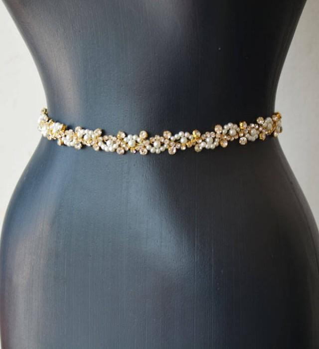 wedding photo - Pearl Bridal Belt, Wedding Dress Belt, Gold Belt, Pearl Bridal Sash, Belts for Wedding Dress, Bridesmaid Dress Accessories - $49.00 USD