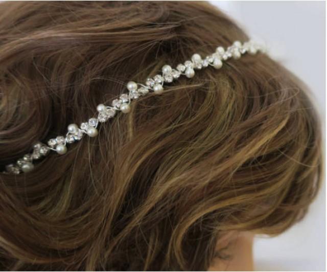 wedding photo - Vintage Inspired Bridal Headband Pearl and Rhinestone Art Deco Wedding Hair Accessory Simple Thin Crystal Hairband Bohemian Forehead Halo - $38.00 USD