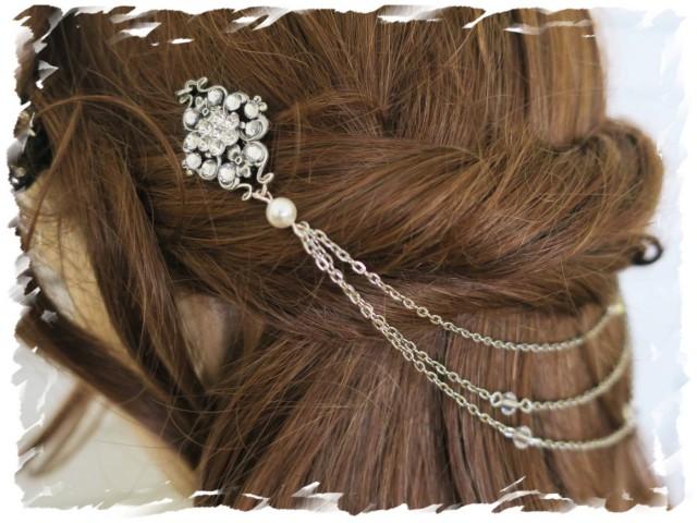 wedding photo - Art Deco Inspired Crystal Bridal Headpiece Flapper Back Hair Piece Gatsby Downton Abbey Head chain Wedding Hair Drape Vintage Boho Hair Wrap - $82.00 USD