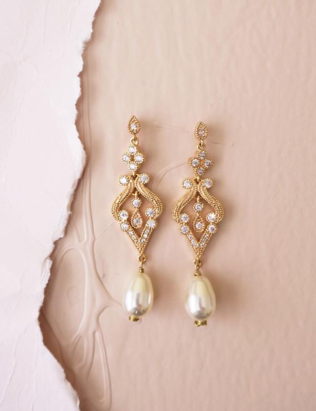 wedding photo - Art Deco Inspired Gold Bridal Earrings Crystal Wedding Earrings AAA Cubic Zirconia Sparkle Gatsby Jewelry 1920s Statement Chandelier EDNA - $55.00 USD