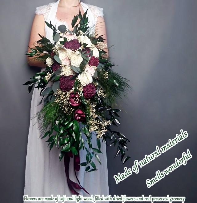 wedding photo - Retro boho long cascading wedding bouquet burgundy ivory preserved greenery sola flowers ruscus eucalyptus gypsophila vintage style bridal - $210.00 USD