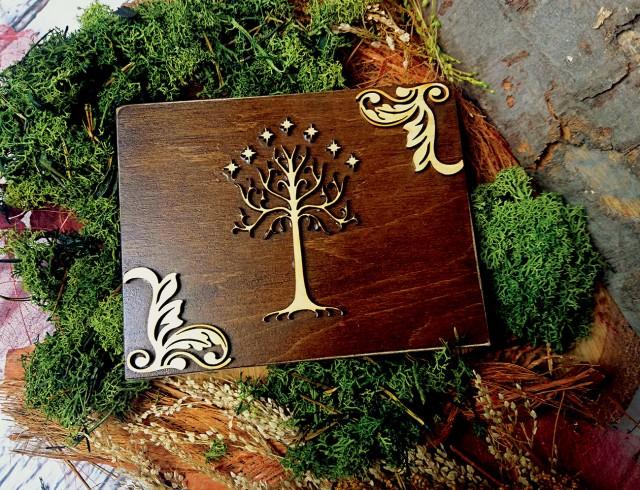 wedding photo - White tree of life wedding rings box Tolkien theme moss ring bearer personalized writings laser cut sola flowers natural woodland Celtic - $43.00 USD