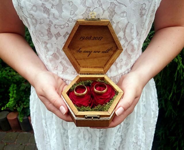 wedding photo - Burgundy rose ring bearer box woodland moss sola flowers rings box cotton lace shabby chic brown natural customized personalized writing - $35.00 USD
