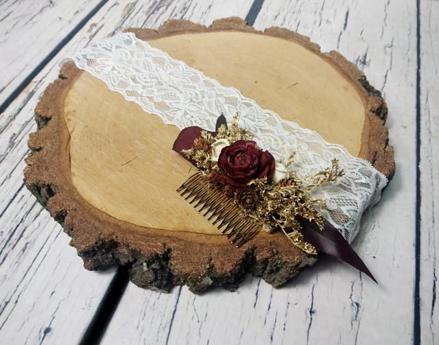 wedding photo - Burgundy gold preserved eucalyptus HAIR COMB cedar rose dried flowers tiny cones sola rustic woodland wedding burlap hair piece bridal - $30.00 USD