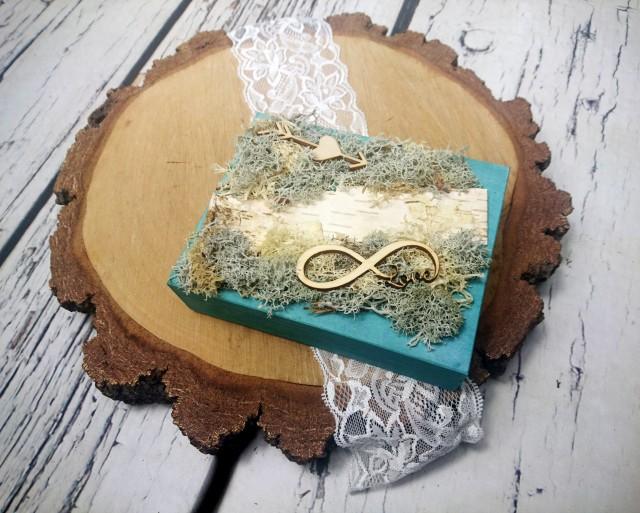 wedding photo - Moss and birch bark rings box for woodland wedding infinity sign love wood slices sola flowers ring bearer personalized writing natural - $41.00 USD