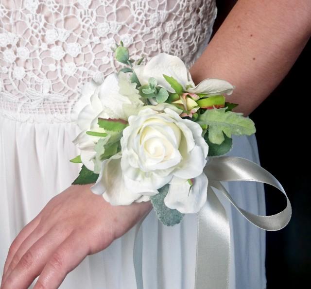 wedding photo - Wedding wrist corsage realistic silk flowers roses dusty miller flocked leafs greenery ivory simple elegant green natural mother of bride - $28.00 USD