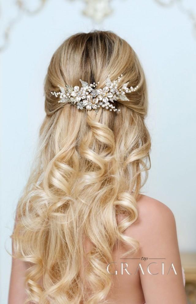 wedding photo - GAIA Flower Silver Pearl Wedding Hair Comb Rhinestone Bridal Hair Jewelry Crystal Headpiece