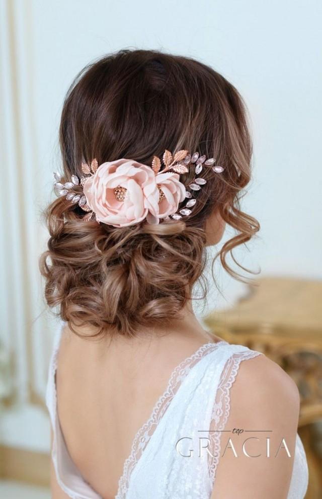 wedding photo - DIONA Rose Gold Blush Bridal Hair Flower With Crystal For Bridesmaid