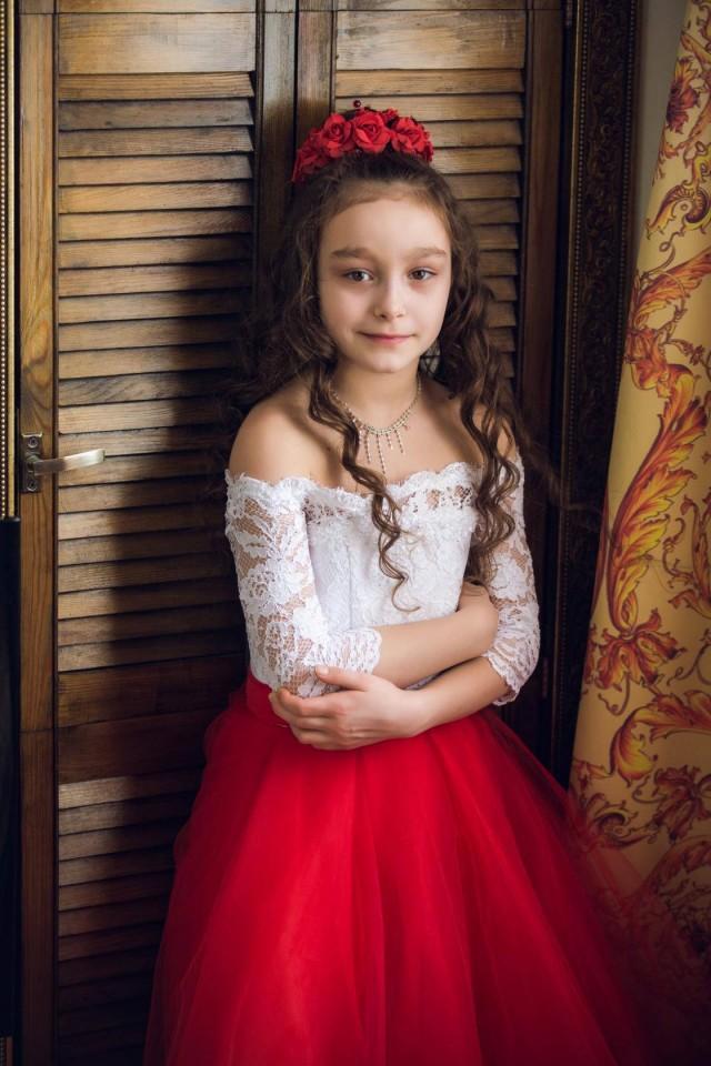 White Red Flower Girl Dress Off Shoulders Lace Girl Tulle Tutu