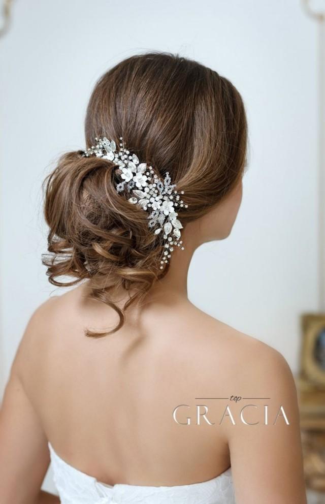wedding photo - ADONI White Ivory Flower Hairpiece For Wedding With Crystals