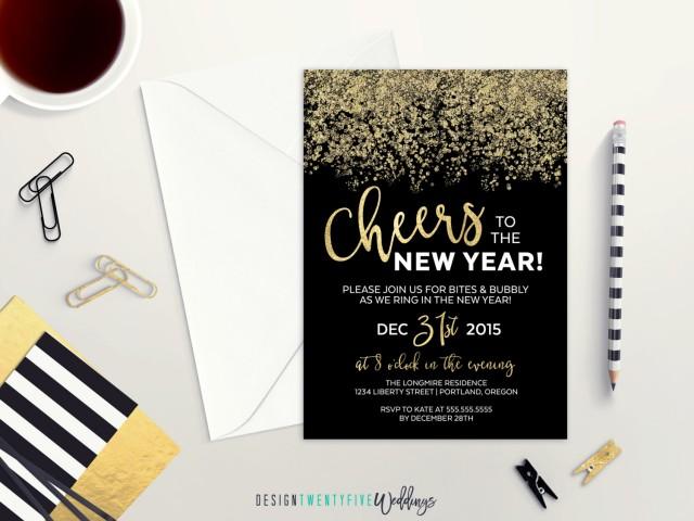 Cheers! New Year&#39;s Eve Party Invitation // 5x7 // Black & Gold // Custom Invitation // Cheers to the New Year!