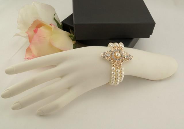 wedding photo - Rose gold bracelet-Art deco Swarovski crystal bridal bracelet-Wedding jewelry-Bridal jewelry-Bridesmaid gift-Pearl bracelet - $68.00 USD