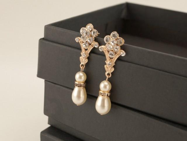 wedding photo - Bridal earrings-Rose gold art deco floral post earrings-Wedding earrings-Wedding jewelry-Bridal jewelry-Swarovski crystal-Pearl earrings - $39.00 USD