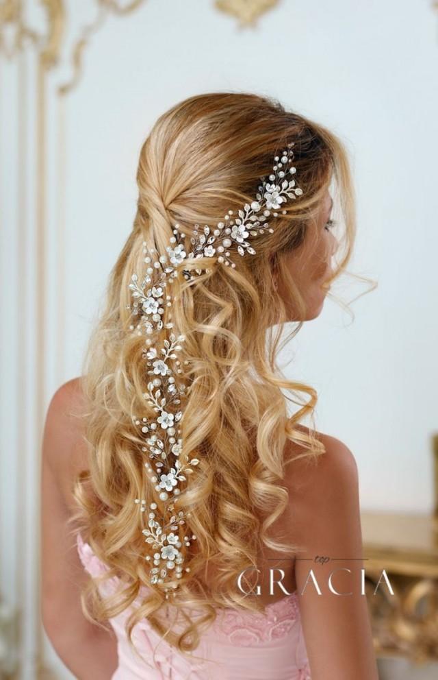 wedding photo - LEDA Long Flower Bridal Wedding Hair Vine With Crystals