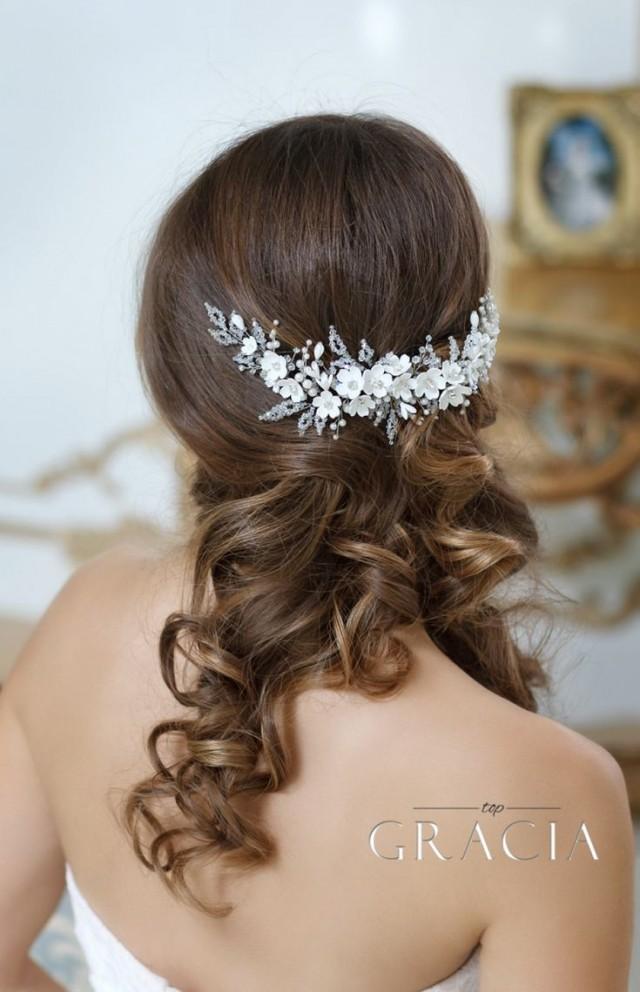 wedding photo - OLYMPIA Ivory Crystal And Flower Wedding Hair Comb Accessories