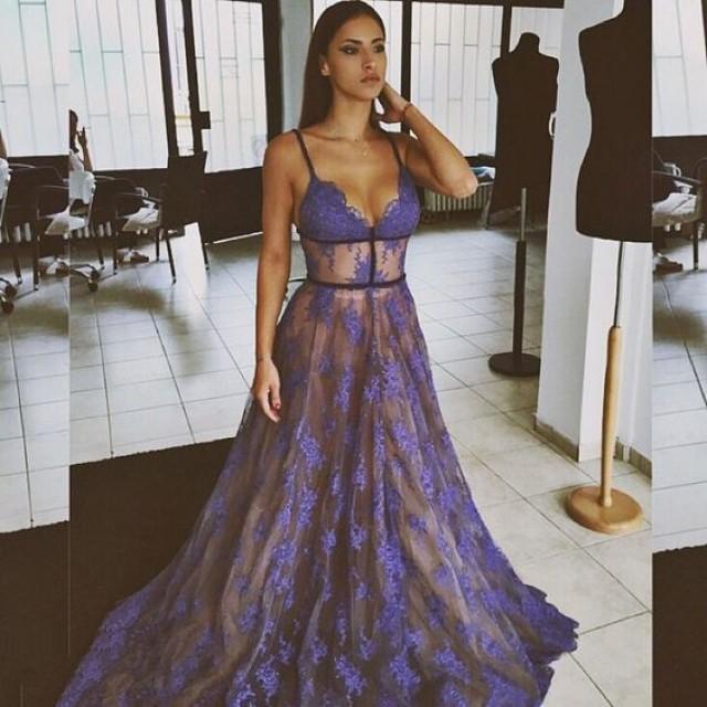 Evening Dress Lace V-neck Prom Gowns With Spaghetti Straps Long Prom Dress