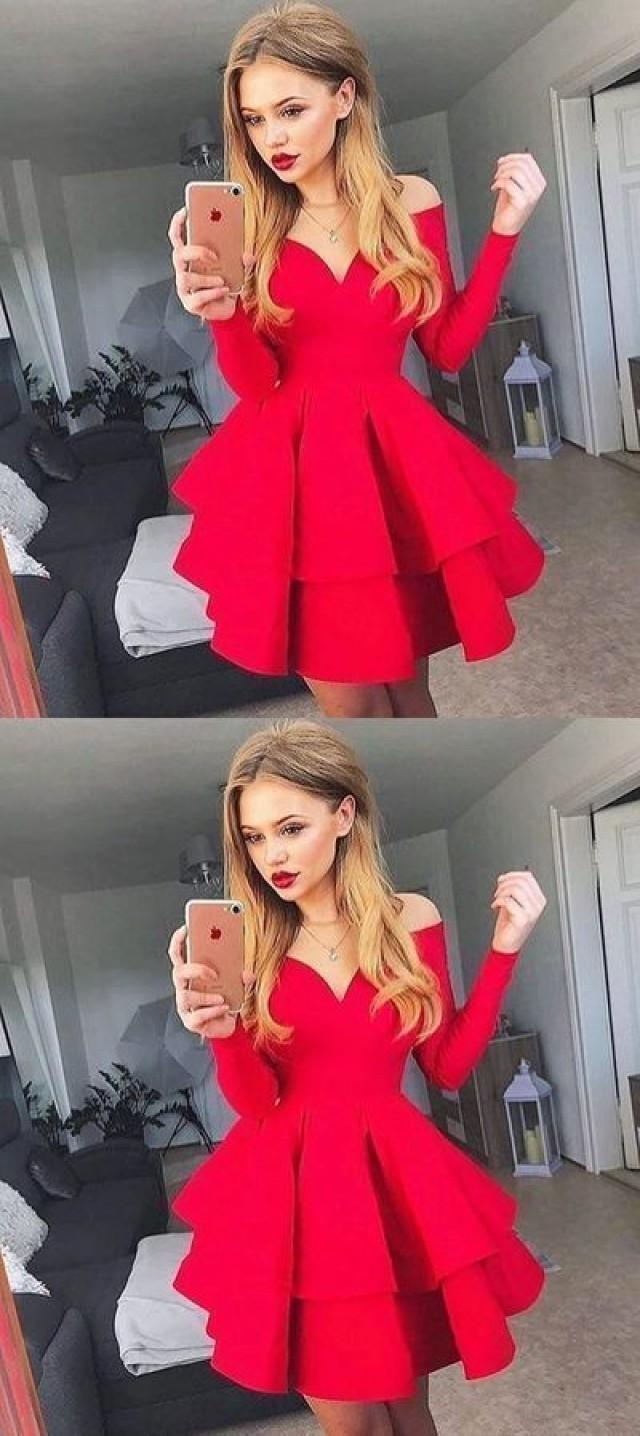 Long Sleeve Red Short Homecoming Dress, Off The Shoulder Tiered Graduation Party Dress,Cheap Prom Dress,Formal Dress,862031