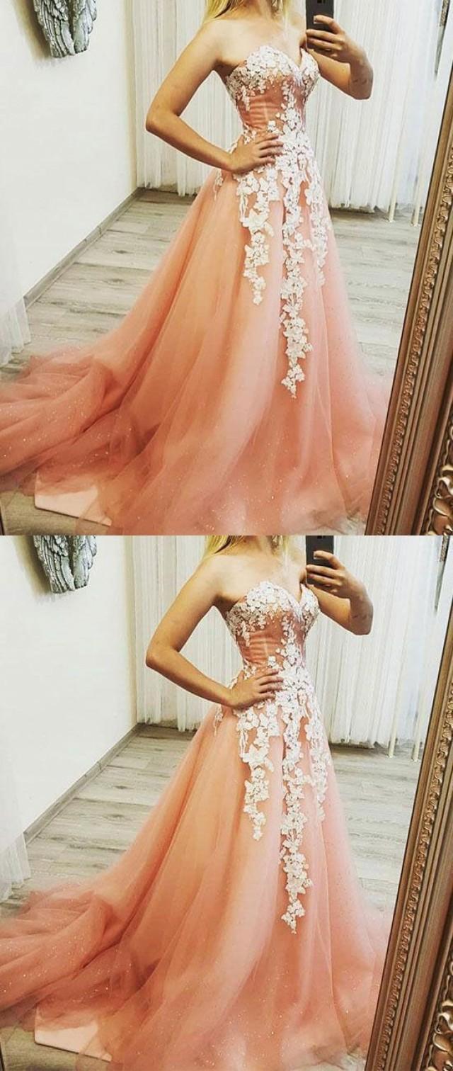 Pink Sweetheart Neck Tulle Lace Applique Long Prom Dress, Evening Dress