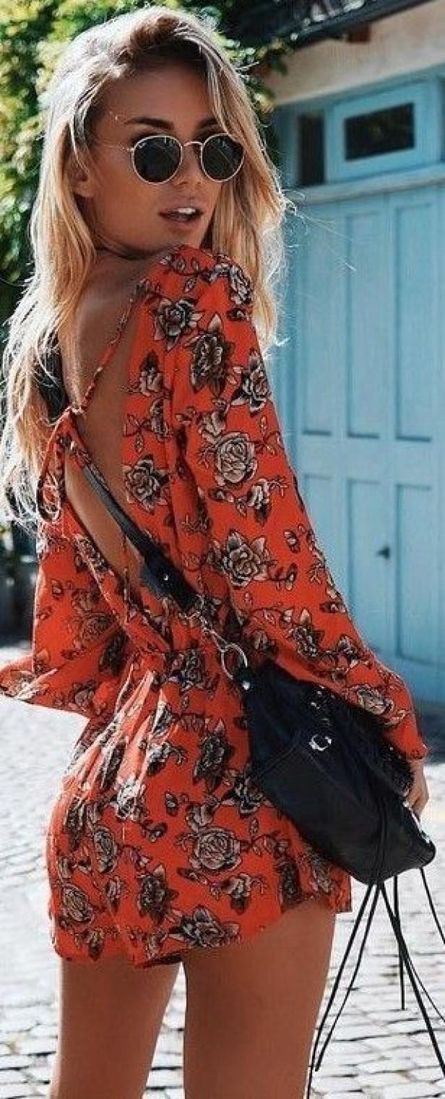 #Summer #Outfits / Orange Pattern Print Playsuit   Black Purse 