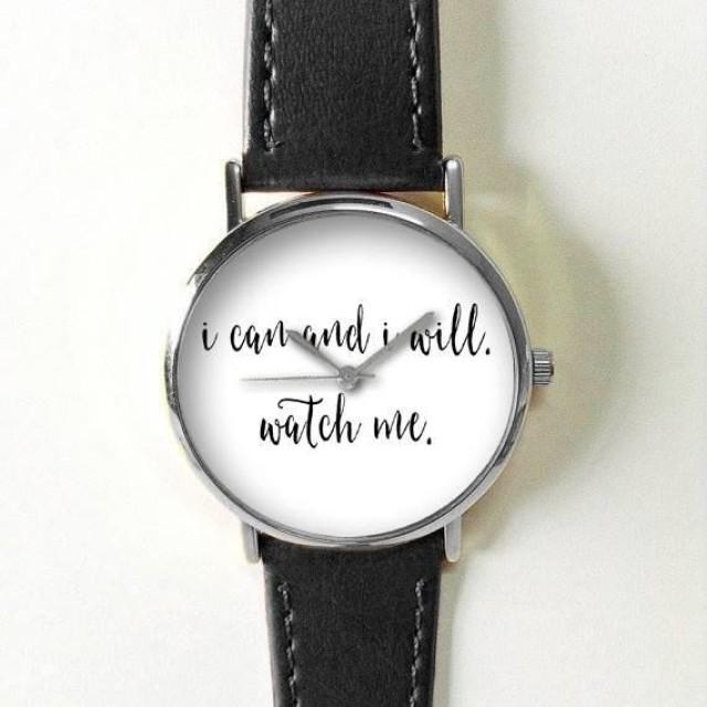 Quotes Watch, Women Watches, Men's Watch, Leather Watch, Vintage Style Watch,  I Can And I Will, Inspirational, Black White, Personalized 