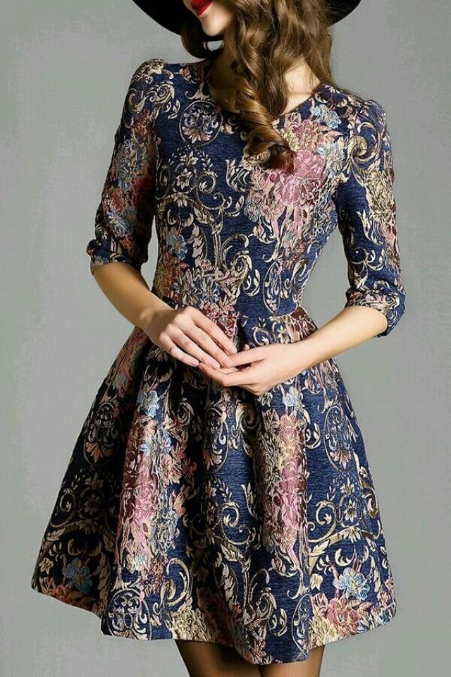 Vintage Pattern Half Sleeve Flare Dress 