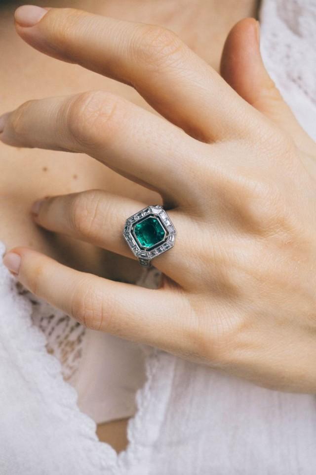 Art Deco Vintage Cartier Engagement Ring Centering Upon An Emerald-cut Emerald Weighing Approximately 1.60 Carats With AGL Certificate Stating The … 